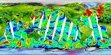SeaWinds January 2003 global data showing polar ice as gray and ocean wind speeds as low (blue) to high (red).