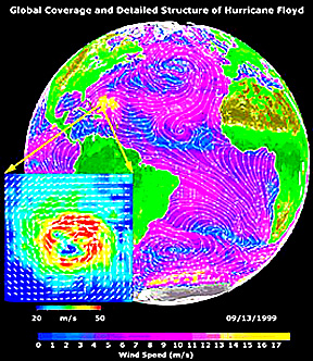 SeaWinds map of the hemisphere containing the Atlantic Ocean, showing the winds associated with Hurricane Floyd off the Florida Coast; data for September 13, 1999.