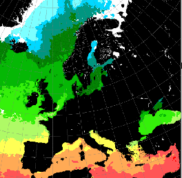 MOS-1 map of temperatures (warmest in reddish-orange; coolest in blue) of waters off Europe's coasts.