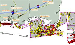 An example of an online interactive map showing mapped debris off the Louisiana coast