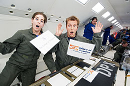 Team DPX members Rachel Sherman (left) and Mike Hvasta aboard NASA's DC-9.