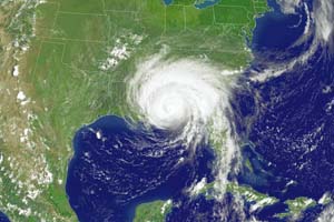 NOAA satellite image of Hurricane Dennis as the storm made landfall near Pensacola, Fla., as a Category Three hurricane on July 10, 2005.