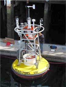 NOAA scientists and technicians make final adjustments on the first buoy to carry equipment that measures ocean acidification.