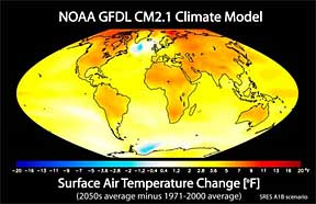 Climate model of projected change in annual mean surface air temperature from the late 20th century to the mid-21st century.
