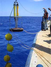 Scientists help deploy instruments in a network of moorings in the subtropical Atlantic.