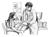 Drawing of female patient and female doctor talking in the doctor’s office.