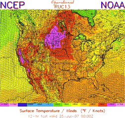 Recent RUC model showing 12-hour forecast for temperature and winds over the lower 48 states.
