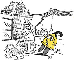 Image of Mr. Plug telling a man to be safe on a ladder.
