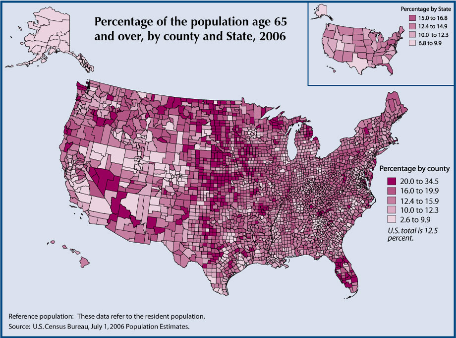 This map chart for indicator 1 - Number of Older Americans – shows the percentage of persons 65 and older by county.  The highest percentages are in rural areas of the central and western part of the country, some areas of the eastern states, and Florida.