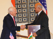 Ambassador Mulford and Indian Foreign Secretary Shiv Shankar Menon signed an historic new Fulbright agreement, New Delhi, July 4, 2008