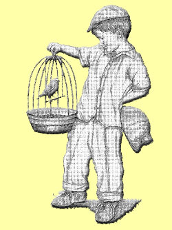 Picture of boy holding canary in bird cage