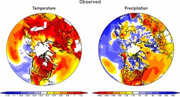 Surface temperature and precipitation deviations (from normal) that were observed and annually averaged during the 4-year drought period from June 1998 to May 2002.