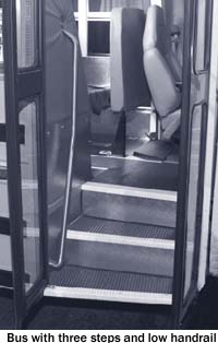 Bus with three steps and low handrail