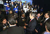 On the first anniversary of President George W. Bush's USA Freedom Corps initiative, the President visits the Jelleff Branch of the Boys & Girls Club of Greater Washington in the District of Columbia Thursday, Jan. 30. "Once again, I'm asking our fellow citizens to serve your community and to serve your country by finding a program that will make a difference in somebody's lives. It doesn't matter how big or small the program may sound. What matters is your love and your energy and your participation," said the President in his remarks.