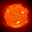 {30.4 nm solar image with large eruptive prominence in SE}
