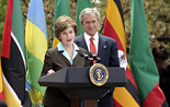 Mrs. Laura Bush is joined by President George W. Bush as she delivers remarks during a ceremony marking Malaria Awareness Day Wednesday, April 25, 2007, in the Rose Garden.  White House photo by Shealah Craighead