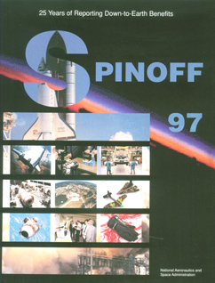 of Spinoff 97 cover design with Space Shuttle launching from its Platform and various spinoff technology photographs inside horizontal bars and Spinoff text with background image of International Space Station sunrise view black background with rainbow effect