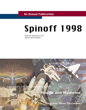 cover of Spinoff 1998 an annual Publication National Aeronautics and Space Administration  and various spinoff technolgy photos faded together