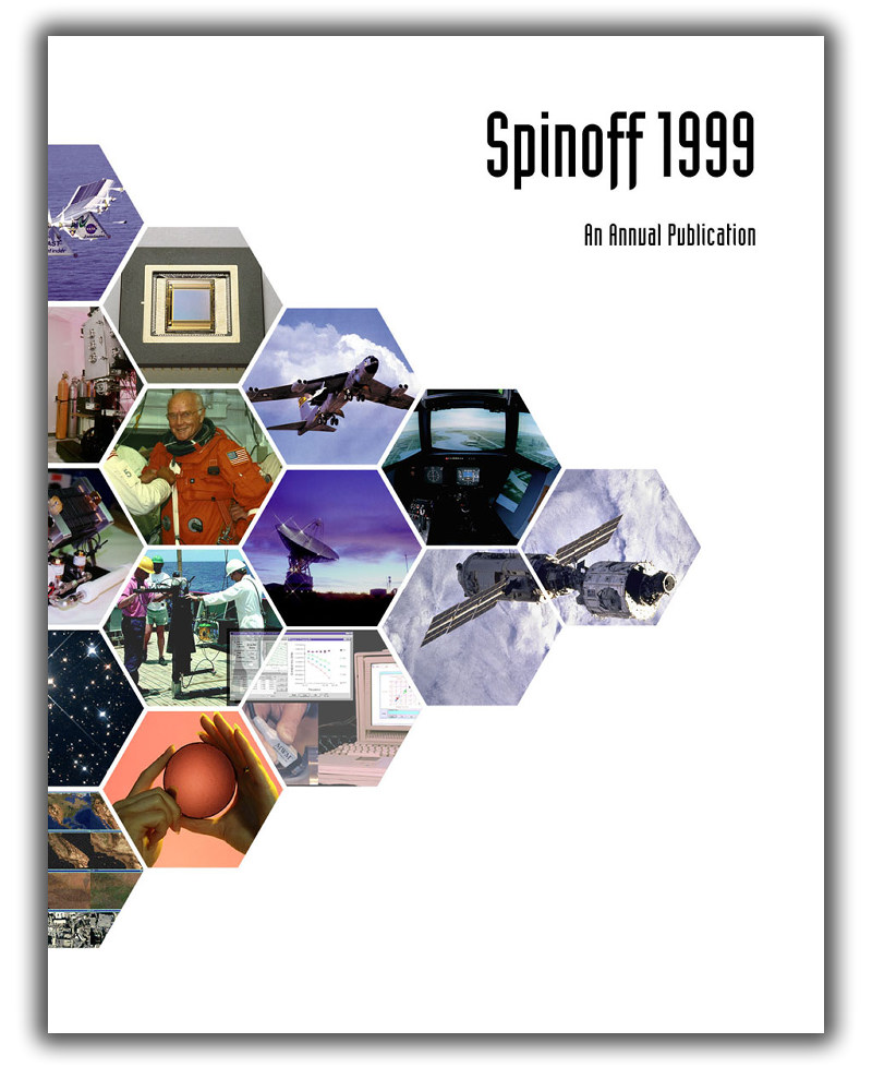 spinoff 1999 an annual publiction cover, honey cone shapes with various spinoff technolgy photos placed inside them