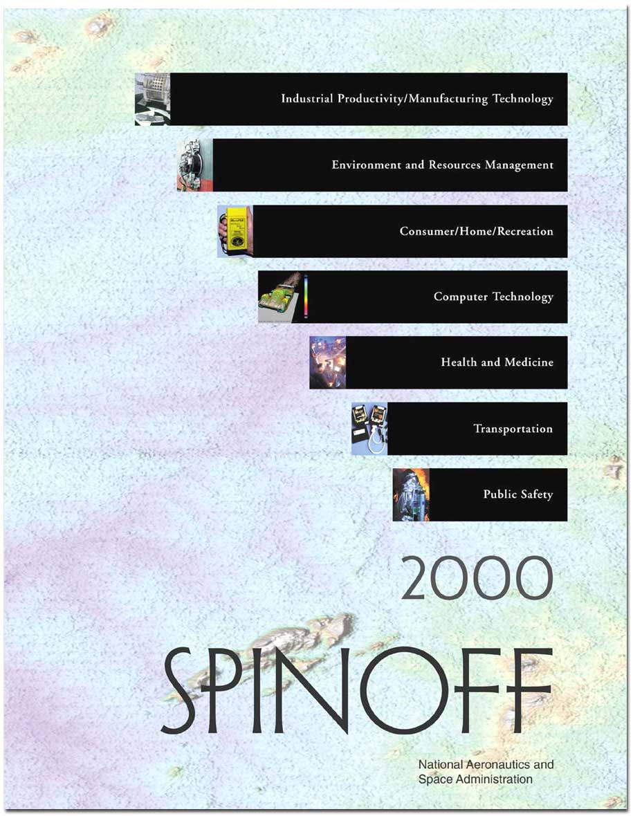 image of Spinoff 2000 cover with STS-99 Shuttle Mission topographic imagery in background with black horizontal bars with photographs of Spinoff technology 