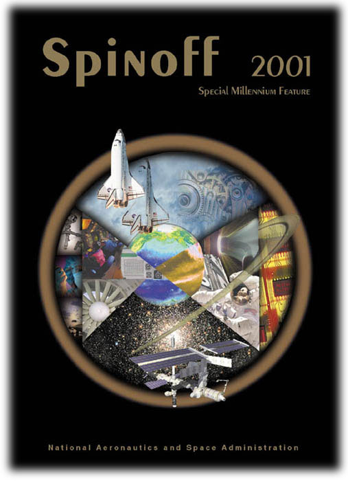 Spinoff 2001 cover with  montage of various images in space exploration and the transfer of technolgy to private sector  