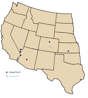 Map of western united states showing locations of mussel infestation in Reclamation waters