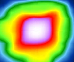 Microhotplate-Thermal contour image-white space in center is surrounded by rings of purple, red, yellow, and green. Blue-coolest area-shown in outer edges only.