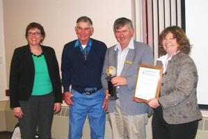 Maine NRCS State Conservationist Joyce Swartzendruber presents the Franklin County Soil and Water Conservation District and the Franklin County NRCS office with the Chief’s Field Award --  (from left) Swartzendruber; Thayden Farrington, SWCD Supervisor; Paul Hersey, NRCS District Conservationist; and B.J. Bangs, SWCD Employee  (NRCS photo -- click to enlarge)