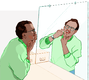 Ilustración de un hombre examinando sus dientes y encías