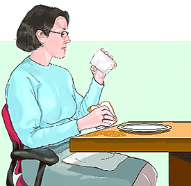 Ilustración de una mujer tomando una bebida con su comida