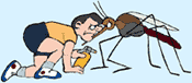 Image of a man holding mosquito repellant eye-to-eye with a mosquito