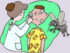 Image of a nurse patching mosquito bites on a boy; there is a mosquite over the boy's shoulder