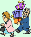 Image of a wife shopping and the husband carrying a stack of presents.