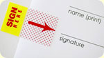A document with a name (print) line and signature line; a 'sign here' post it pointing where to sign.
