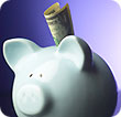 A blue piggy bank in a dollar bill on top.