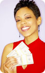 A 
		   woman smiling, holding hundred dollar bills.