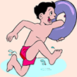 Image of a boy running with an inner tube.
