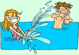 Image of a girl splashing water on a boy in a pool.
