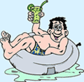 Image of a man floating in an inner tub toasting a fun drink.