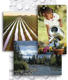 A background photograph of gray water drops overlain by three photographs. The photographs are of irrigated rows in an agricultural field; a little girl watering pink and yellow flowers with a metal watering can; and a streambed with tall trees on the banks.