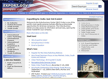 screenshot of export.gov/india