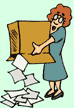 Image of a woman carrying abox with papers falling out of the bottom