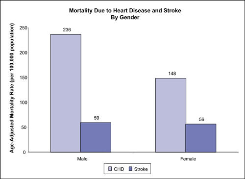 Figure 28 compares mortality due to heart disease and stroke by gender and shows that the age-adjusted mortality rate per 100,000 population is greater in males for both coronary heart disease (236%) and stroke (59%) than in females (148% for coronary heart disease and 56% for stroke).