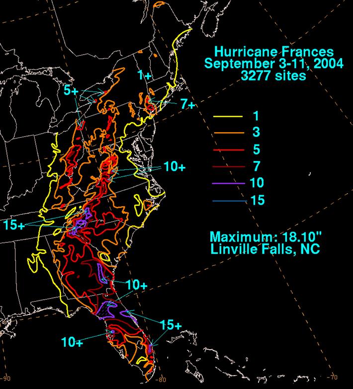 Storm-total rainfalls for Hurricane Frances