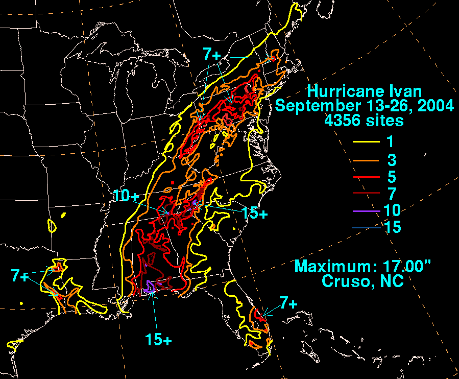 United States rainfall totals for Hurricane Ivan