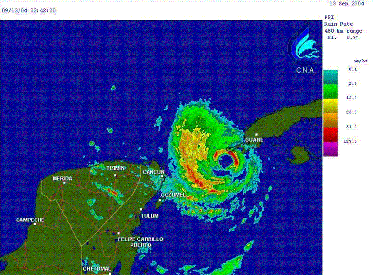 Radar reflectivity image from Cancun, Mexico