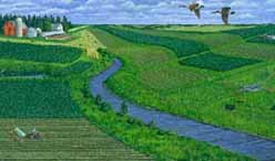 Painting of buffers on a farm and a stream with birds