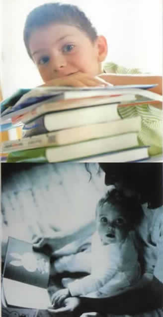 boy looking over pile of books