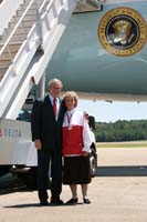 President George W. Bush presented the President’s Volunteer Service Award to Cameron Fox upon arrival in Jackson, Mississippi, on Tuesday, July 1, 2008.  Fox is a volunteer with the Central Mississippi Chapter of the American Red Cross.  To thank them for making a difference in the lives of others, President Bush honors a local volunteer when he travels throughout the United States.  He has met with more than 600 volunteers, like Fox, since March 2002.