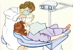 Illustration of patient being examined by dentist